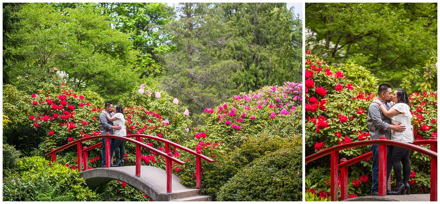 couple kissing on red bridge in Japanese garden at Kubota Garden in Seattle