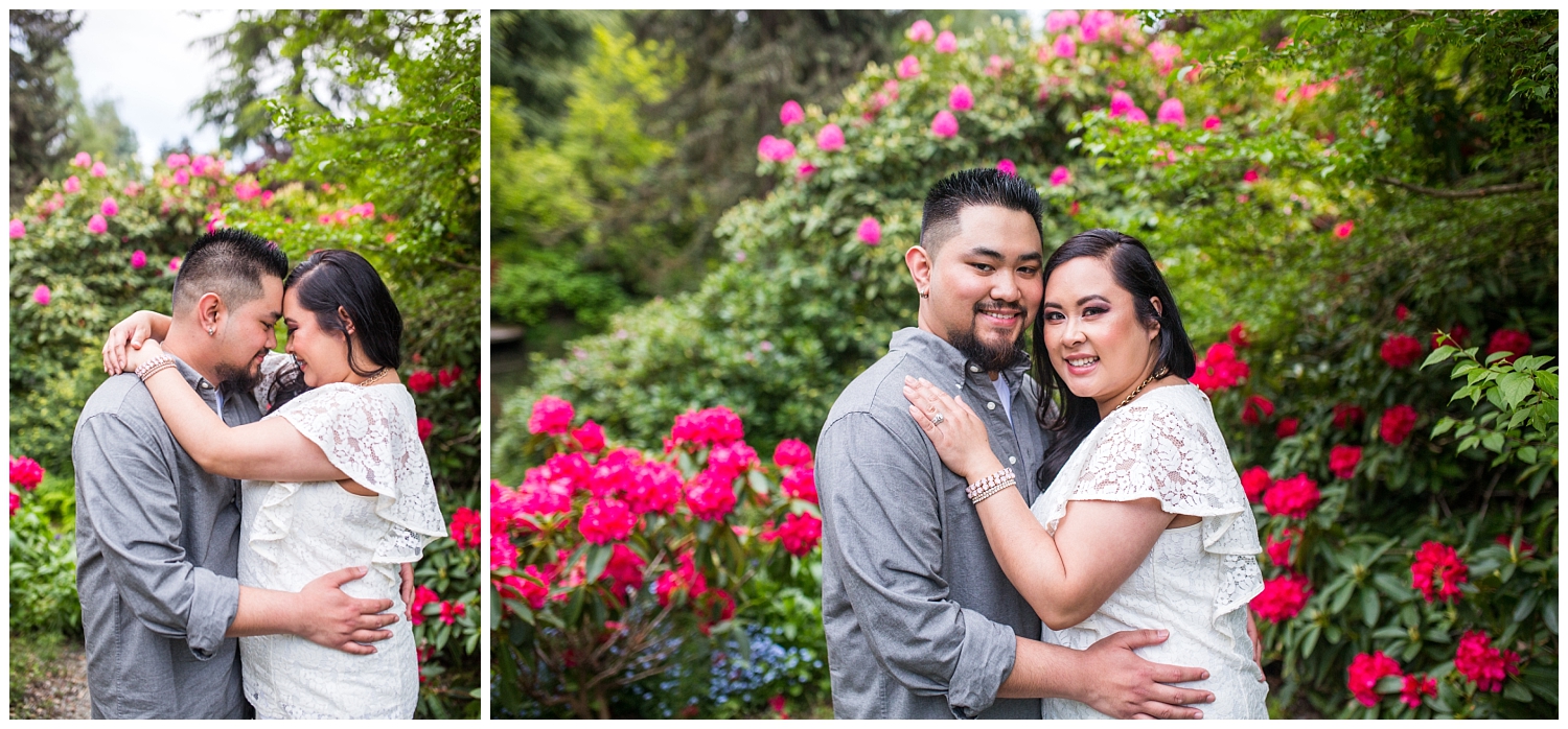 spring engagement portraits in the flowers at Kubota Garden in Seattle