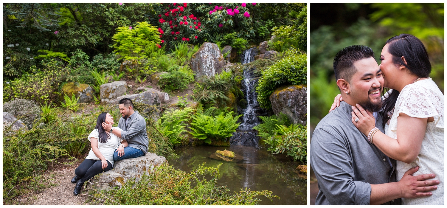 couple sitting together by a waterfall for spring engagement pictures at Kubota Garden