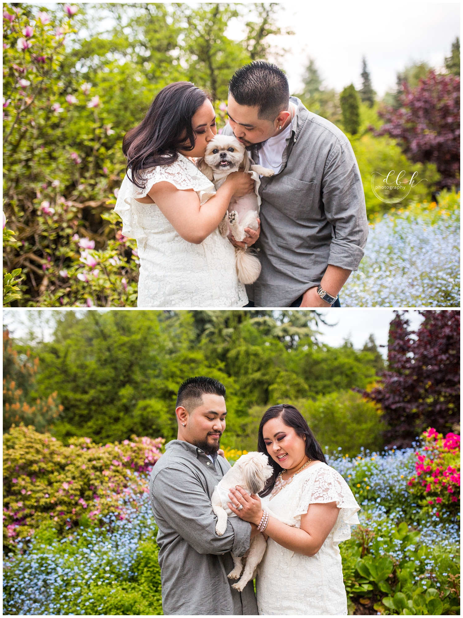 couple giving love to their dog during engagement session at Kubota Garden