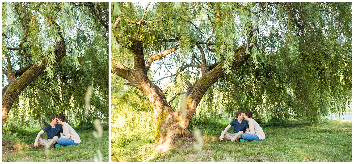 engaged couple sitting below a willow tree at Juanita Bay Park in Kirkland, Washington