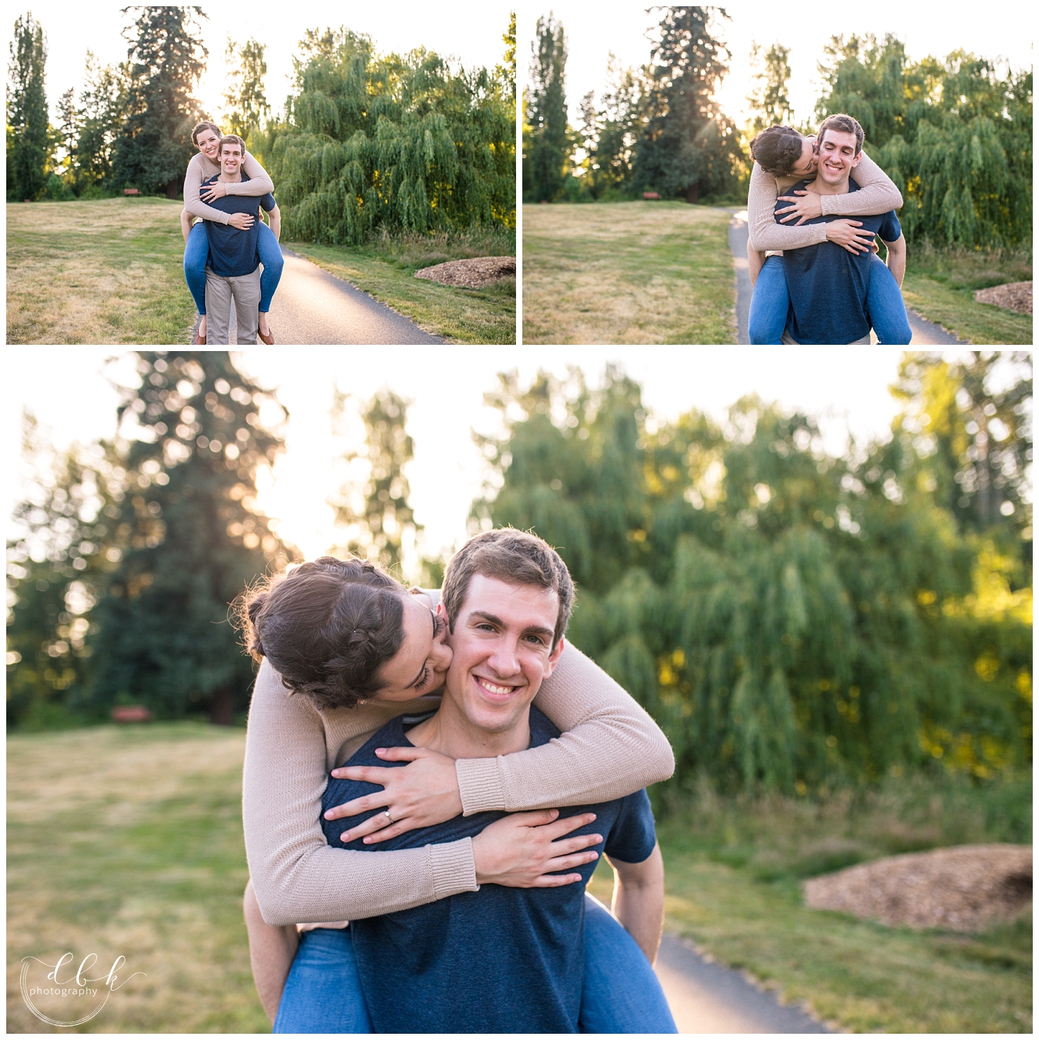 guy giving his fiance a piggyback ride for engagement pictures at Juanita Bay Park