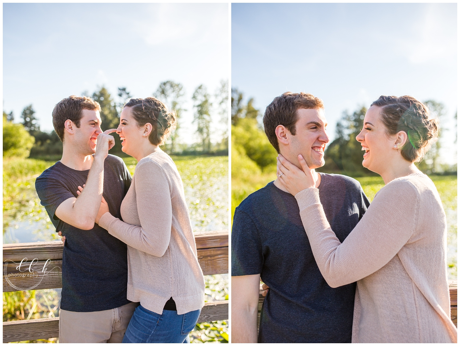 couple laughing together during sunny engagement session at Juanita Bay Park in Kirkland