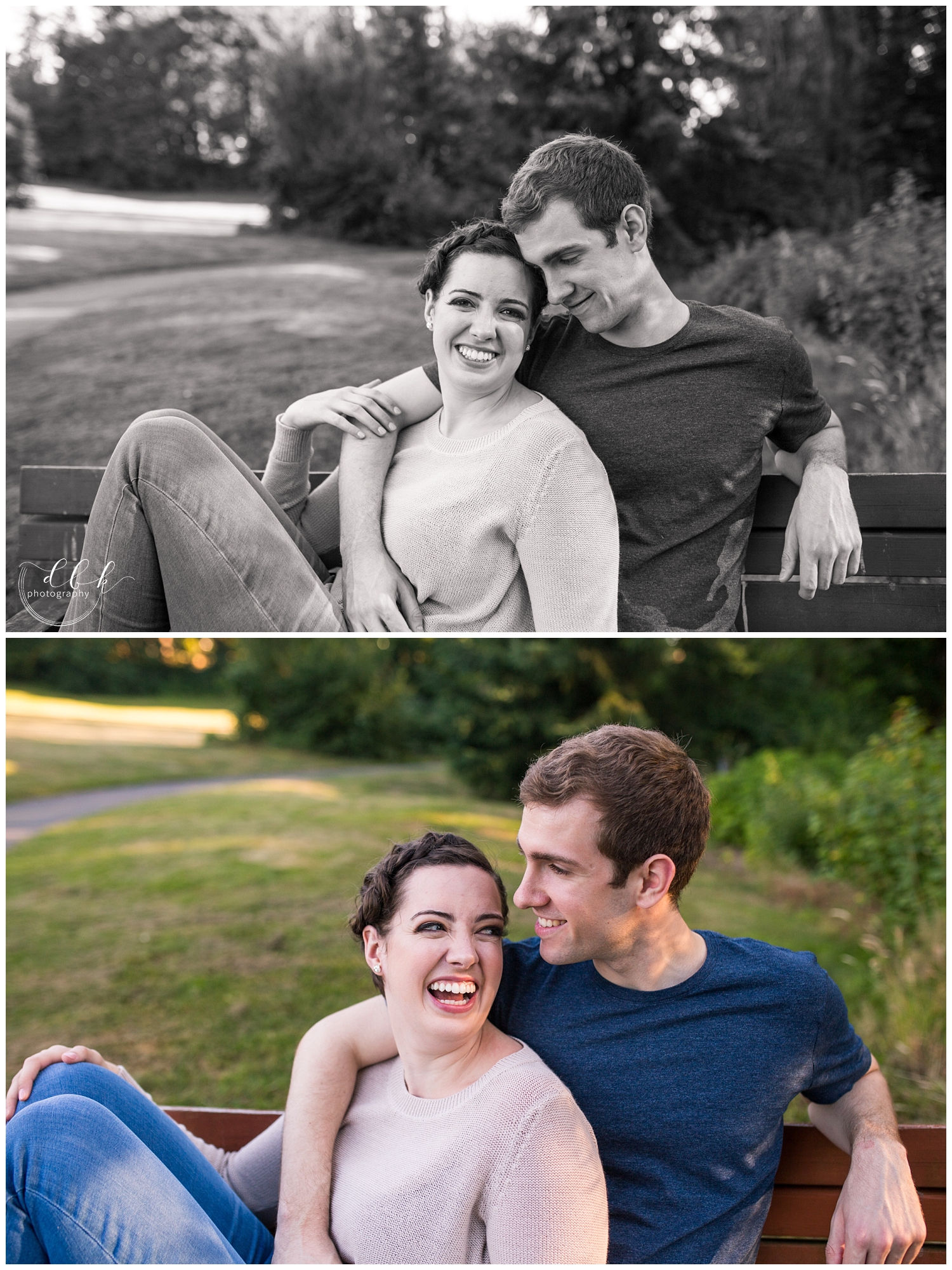cute couple laughing together on a bench for engagement pictures at Juanita Bay Park in Kirkland, Washington
