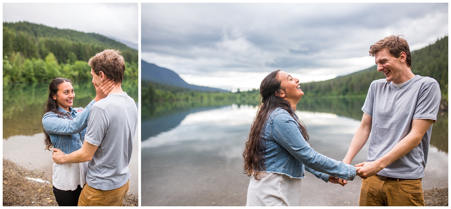 couple goofs around and laughs together during engagement session at Rattlesnake Lake