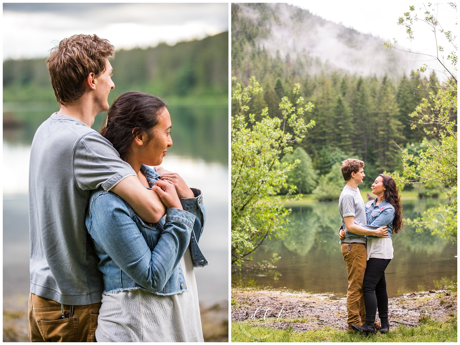 couple stares off at beautiful foggy lake in North Bend