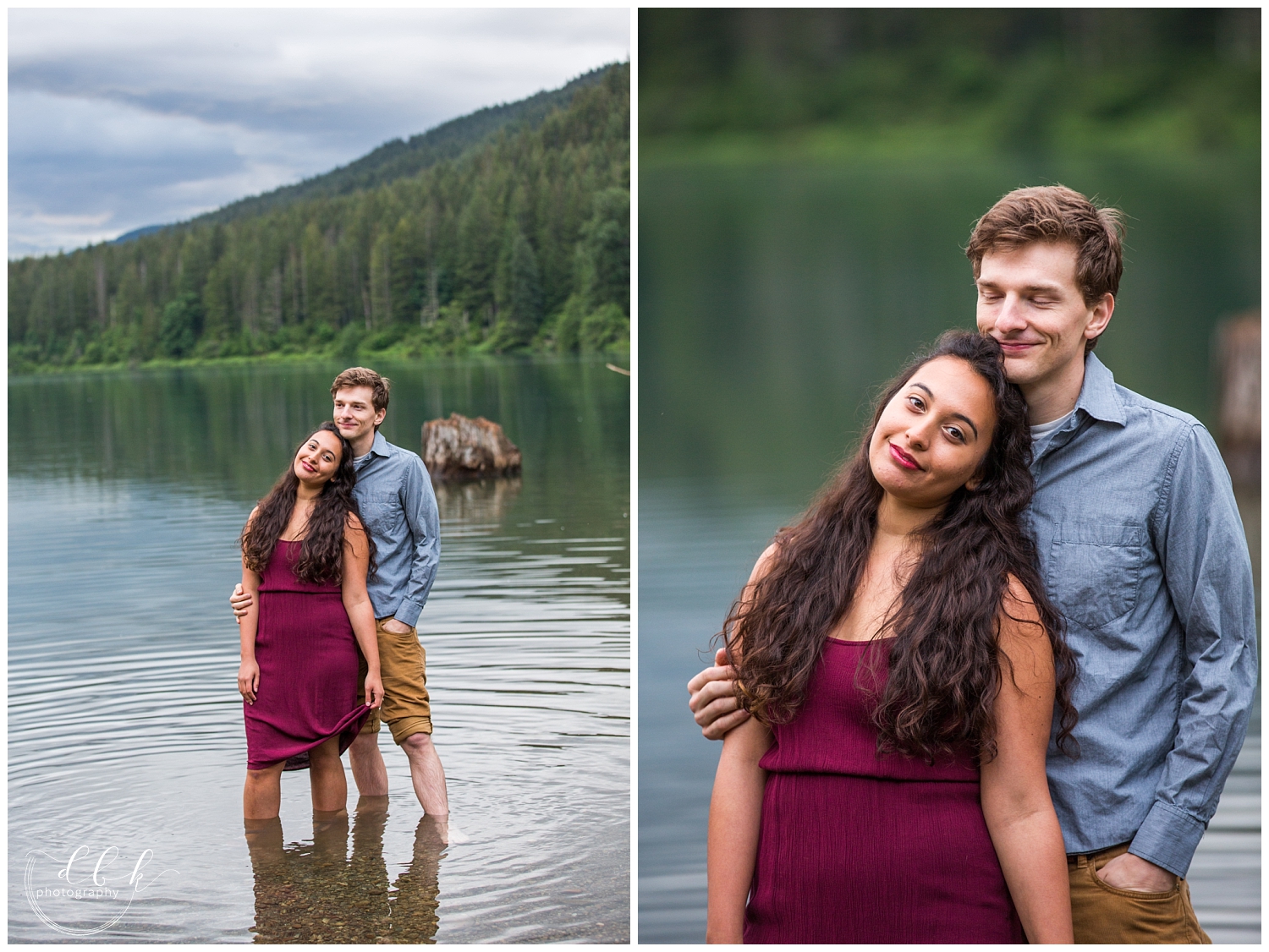 dressed-up couple standing in the water at Rattlesnake Lake for summer engagement pictures