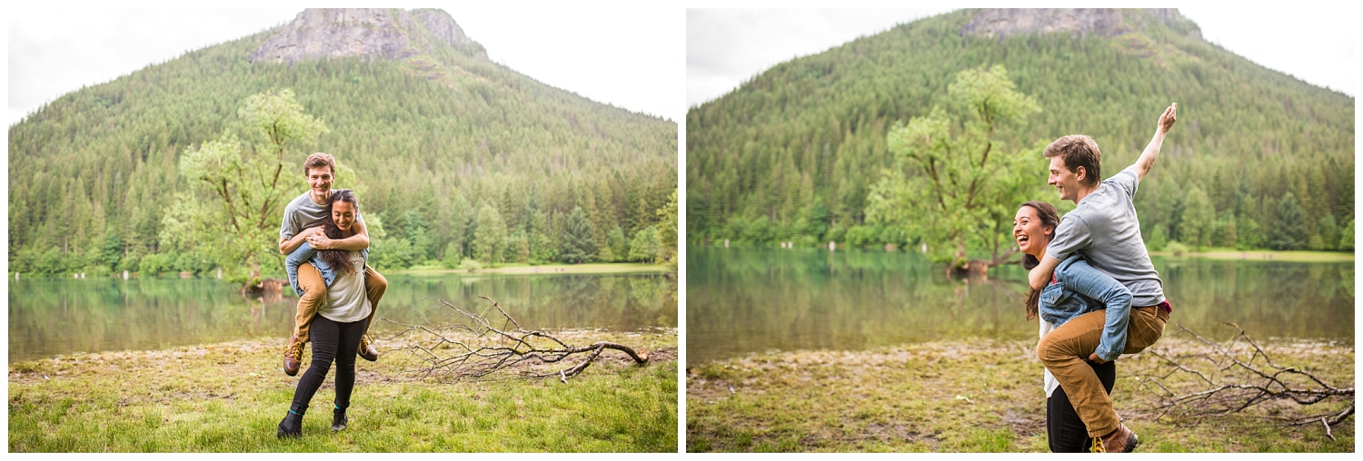 couple goofing around together at Rattlesnake Lake during engagement session