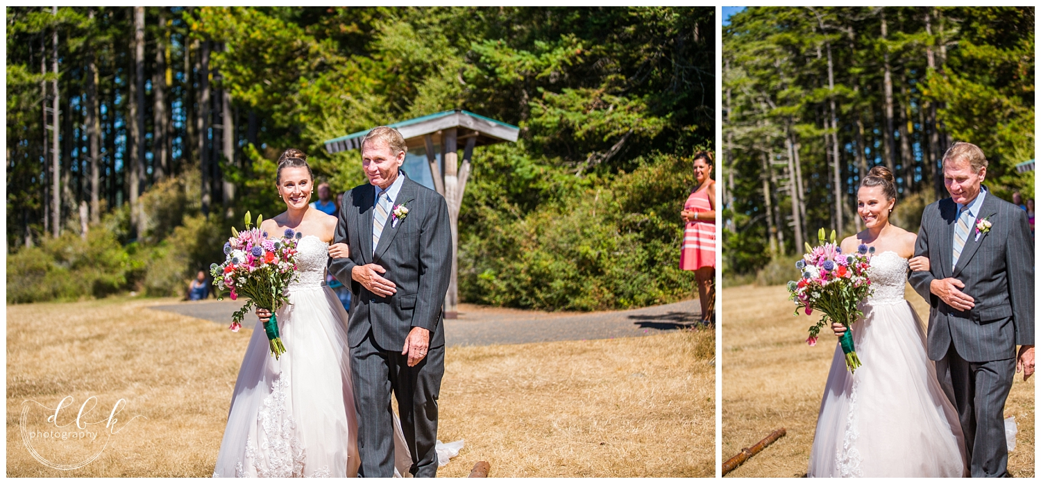 bride enters wedding ceremony with her father on sunny summer day in Anacortes, Washington