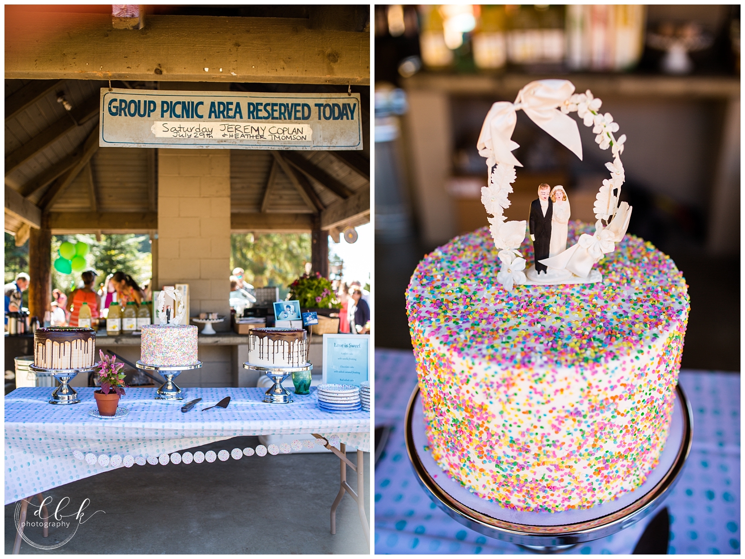 wedding cake with sprinkles at group picnic area at Washington Park in Anacortes