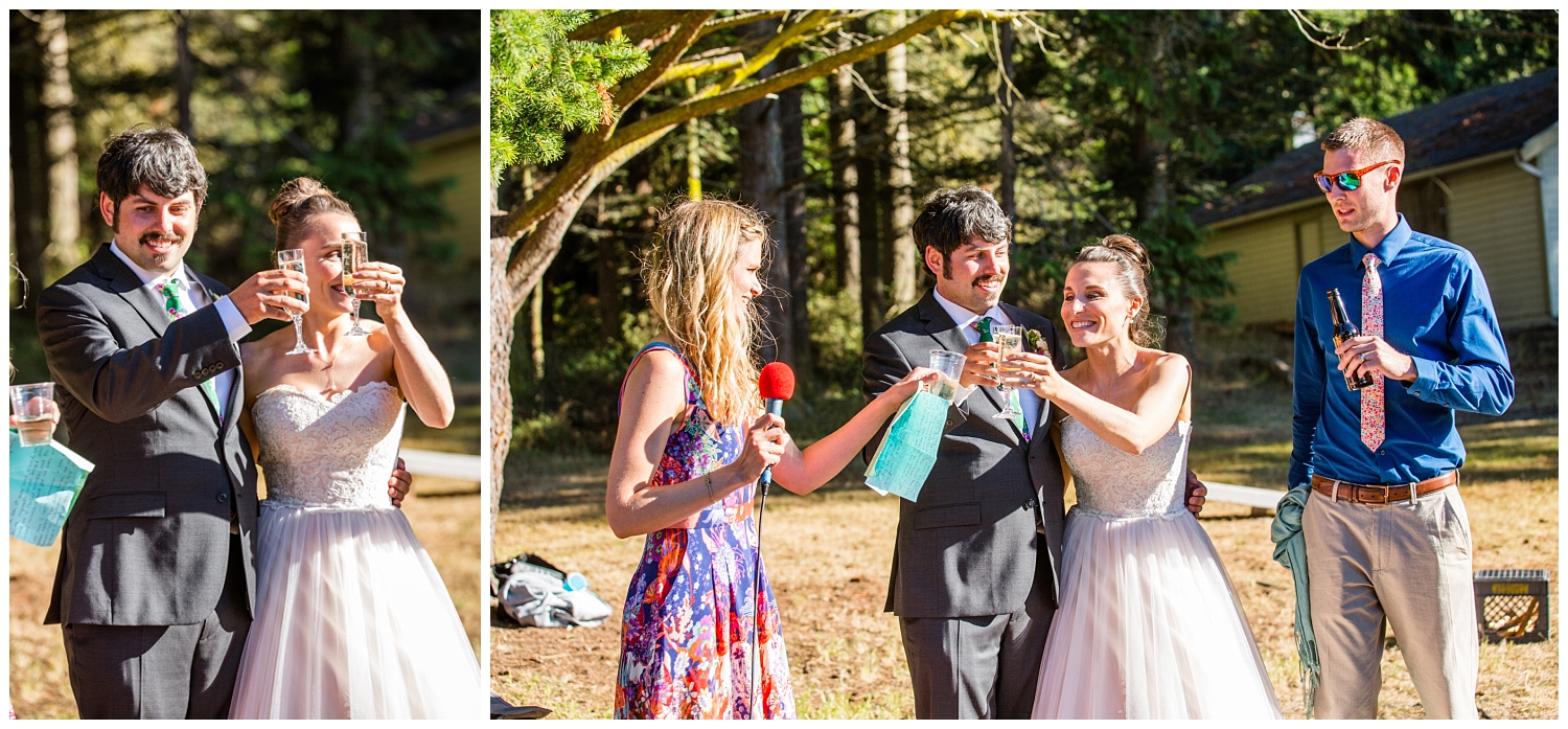 bride and groom toast after maid of honor's speech at Anacortes wedding in Washington Park picnic area