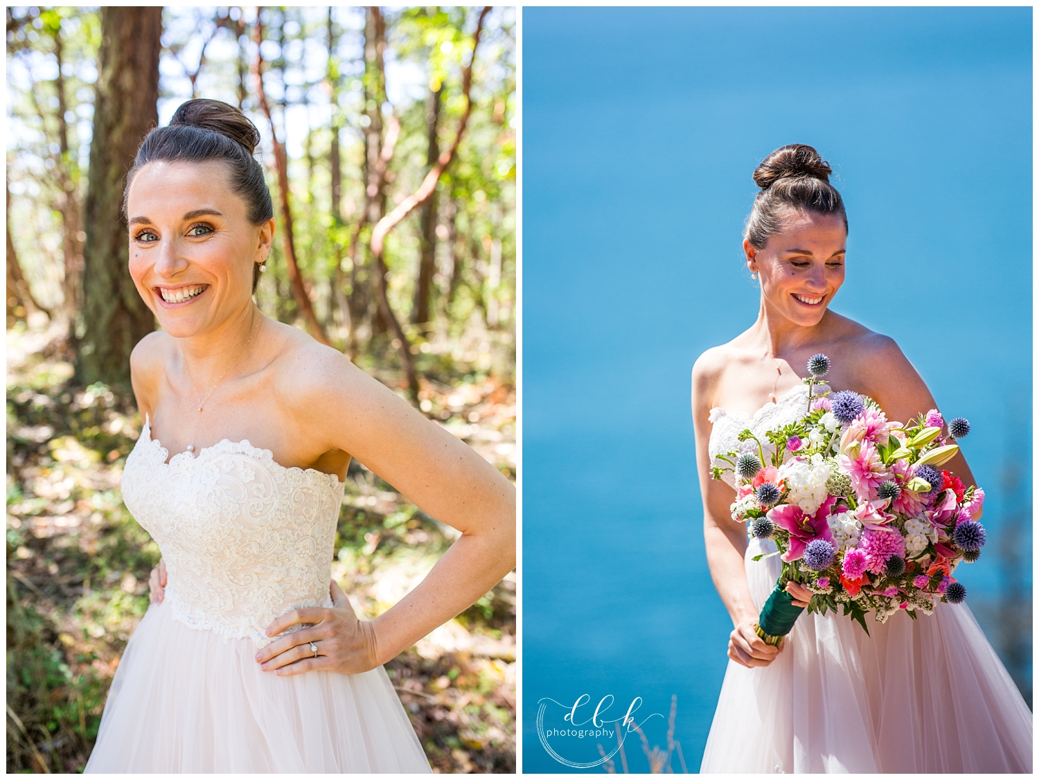 bride with colorful wildflower bouquet at Anacortes wedding at Washington Park