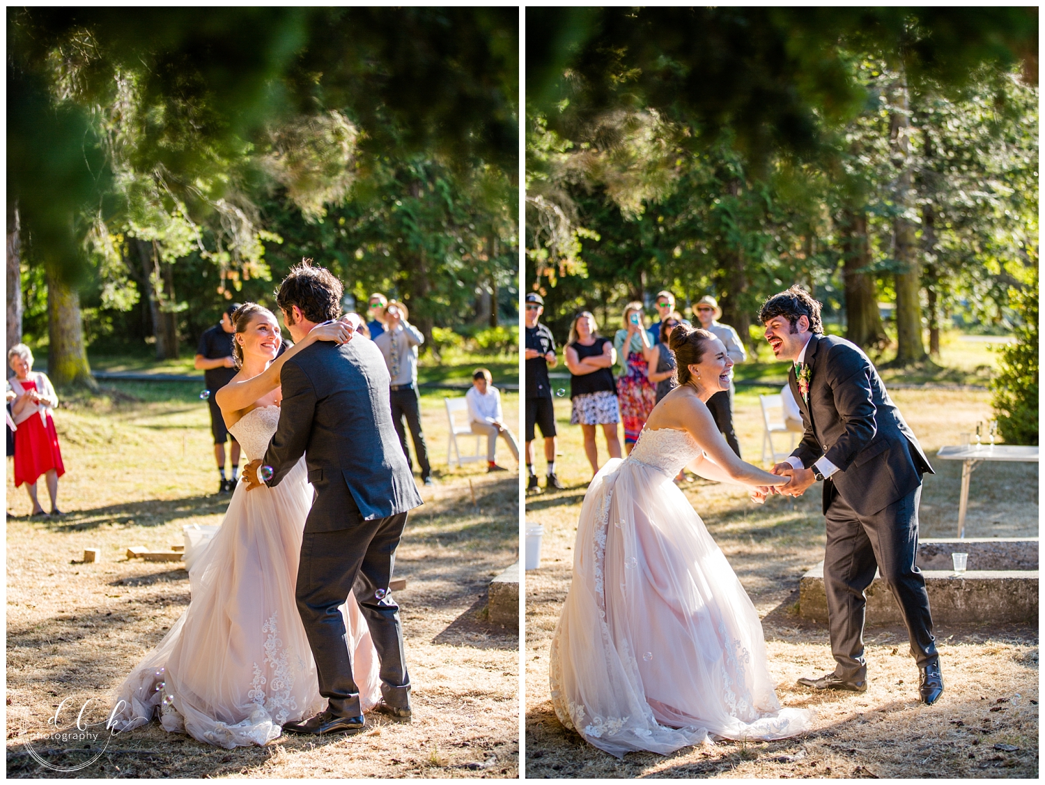 bride and groom share their first dance at wedding in Washington Park, Anacortes