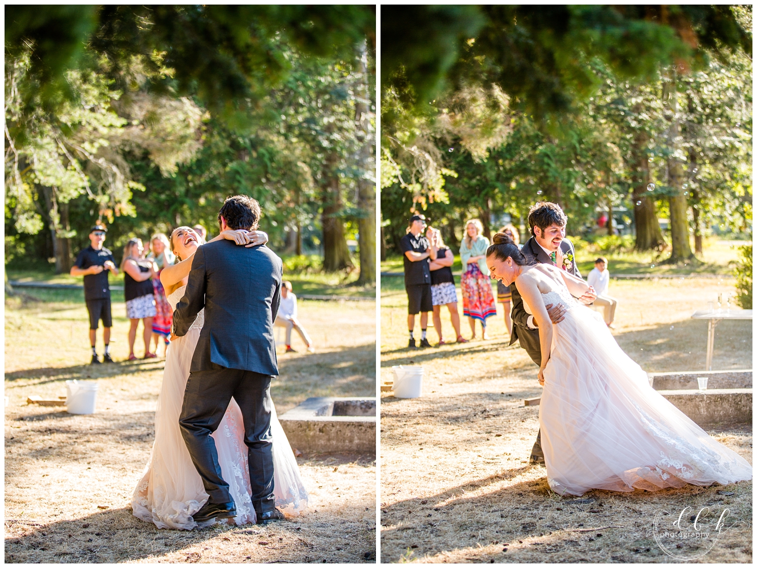 bride and groom can't stop laughing during first dance at wedding in Washington Park, Anacortes