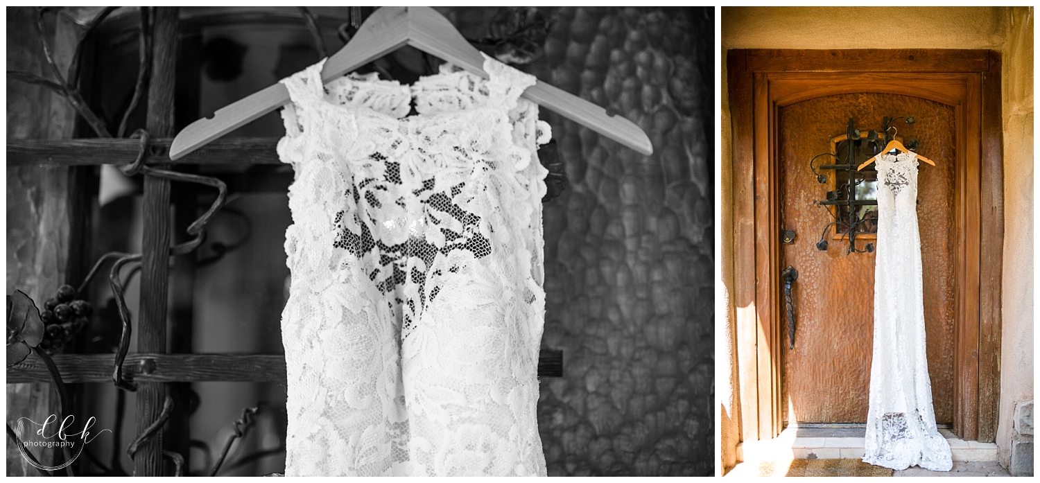 Grace Loves Lace wedding gown hanging at Casa Rondena Winery in Albuquerque