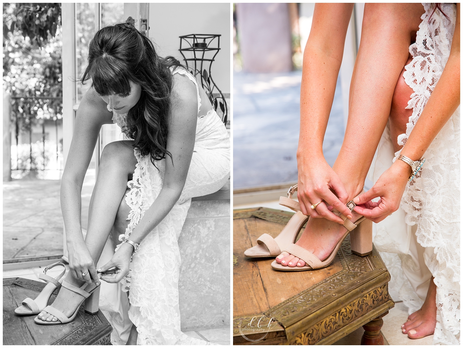 bride putting on her shoes in the bridal suite at Casa Rondena Winery