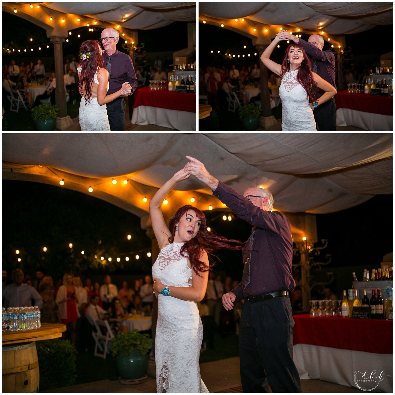 father-daughter dance on patio at Casa Rondena Winery wedding reception in Albuquerque, New Mexico