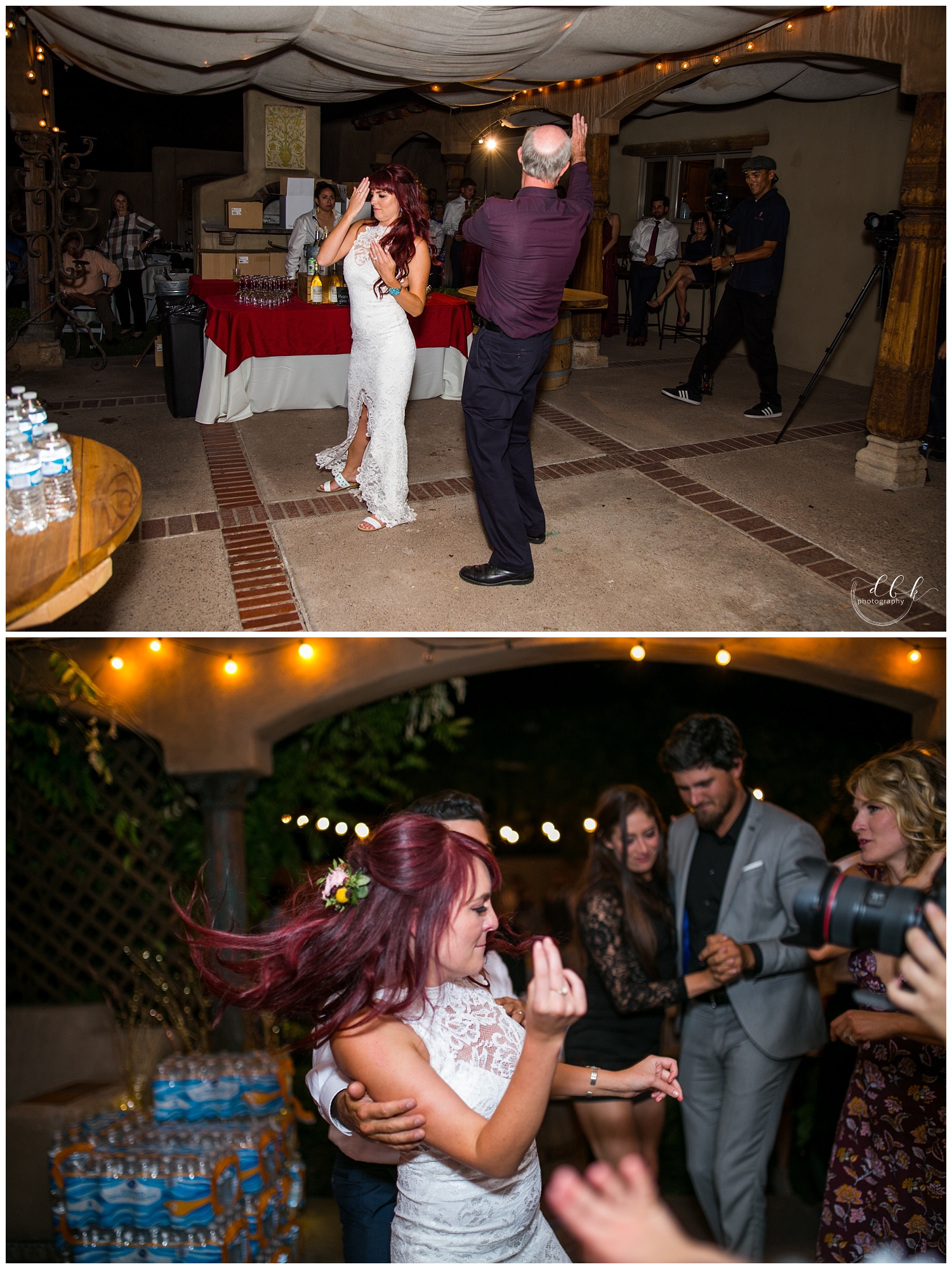 bride and her father breaking it down on patio at Casa Rondena Winery wedding reception in Albuquerque, New Mexico