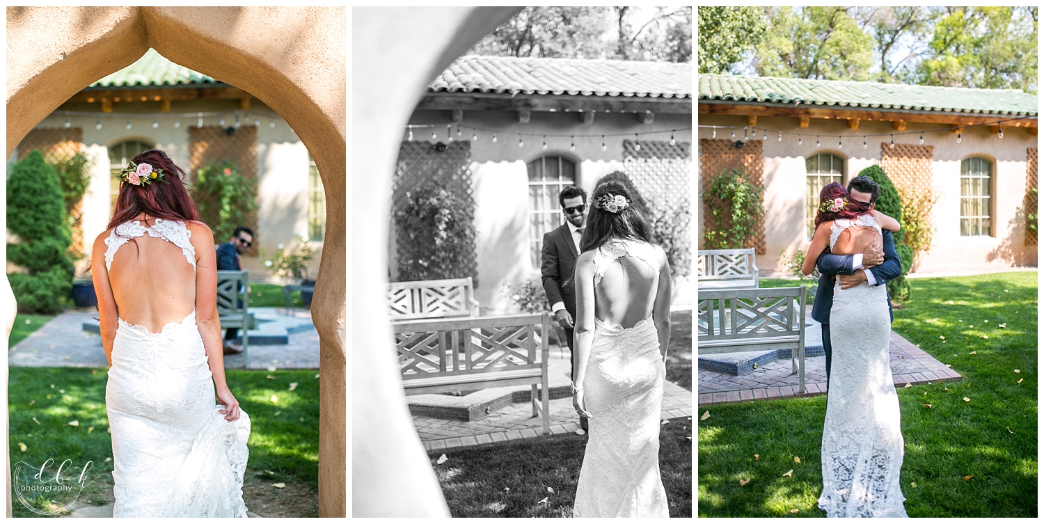bride and groom's first look in courtyard at Casa Rondena Winery