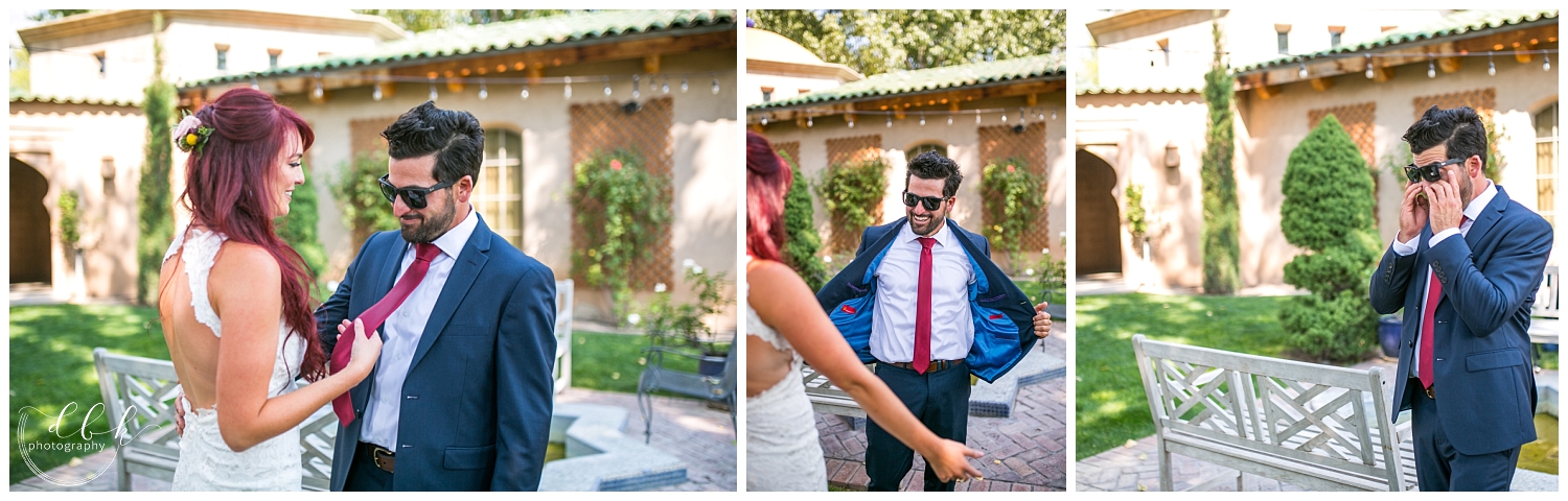 bride and groom's first look in courtyard at Albuquerque wedding at Casa Rondena Winery