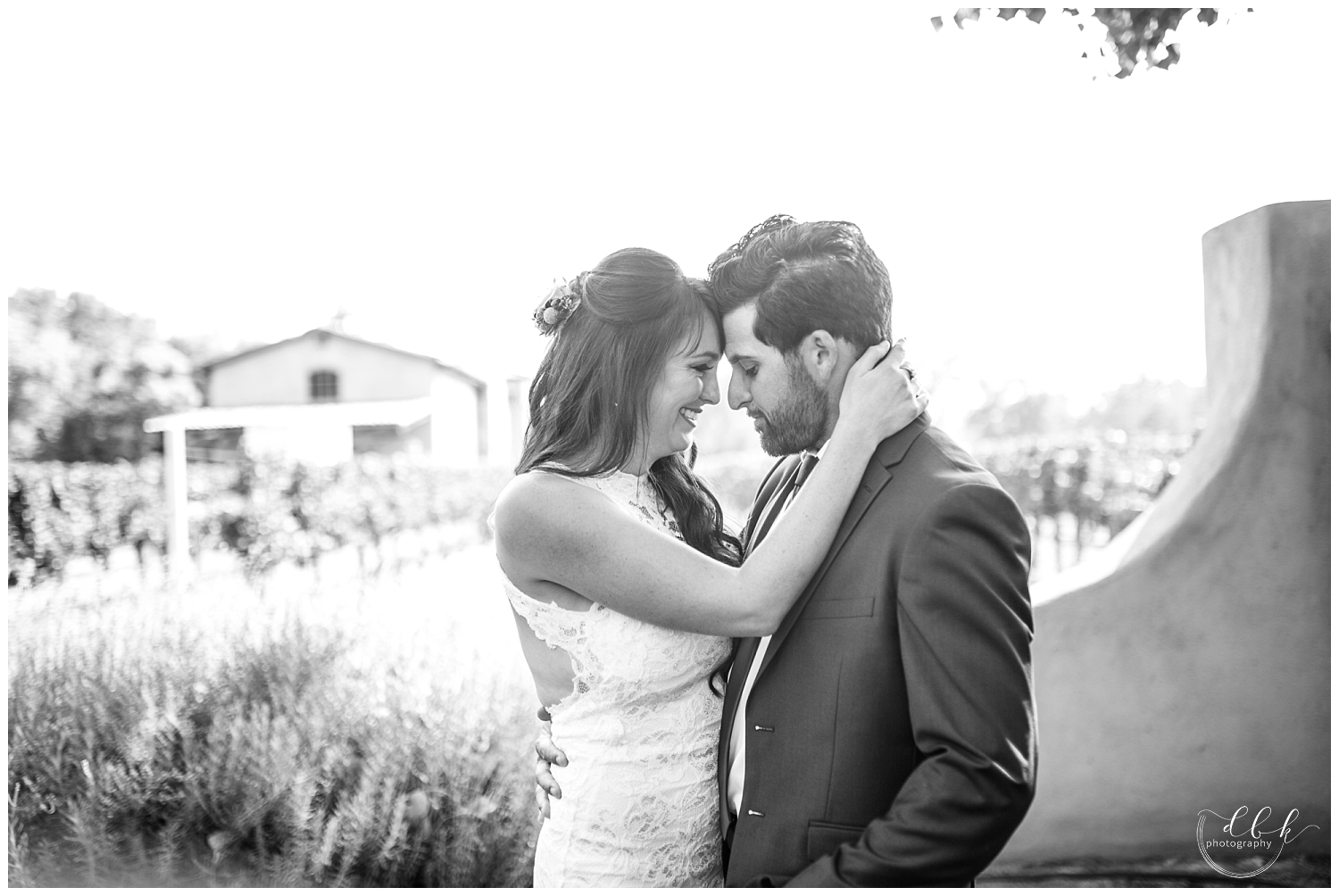 black and white portrait of bride and groom at Casa Rondena Winery