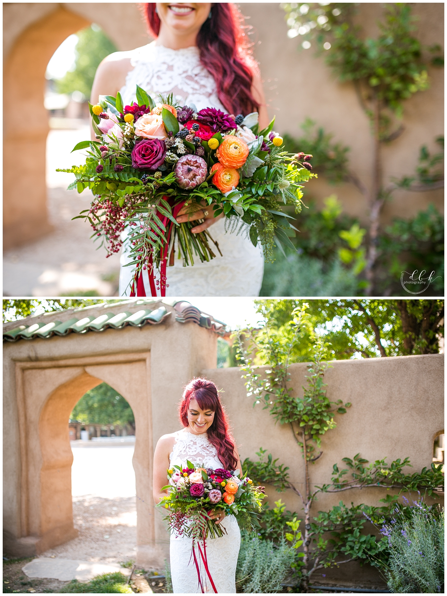 bride holding bouquet by Stephanie Yardman Floral Design before Casa Rondena Winery wedding