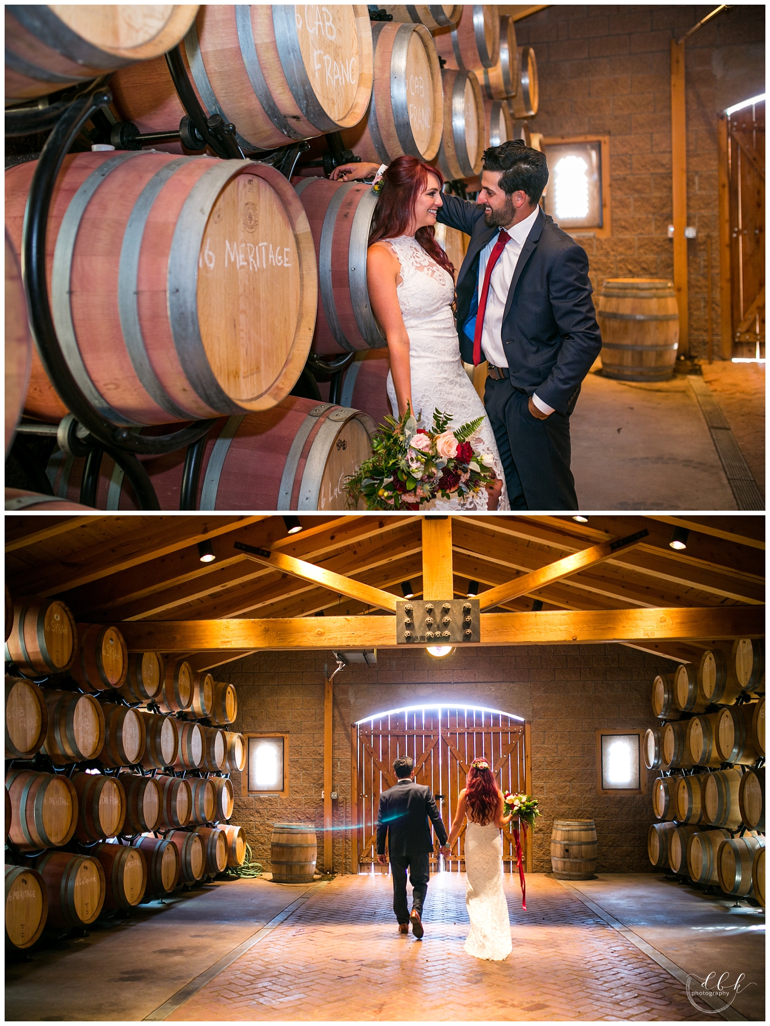 bride and groom in the wine cellar at Casa Rondena Winery