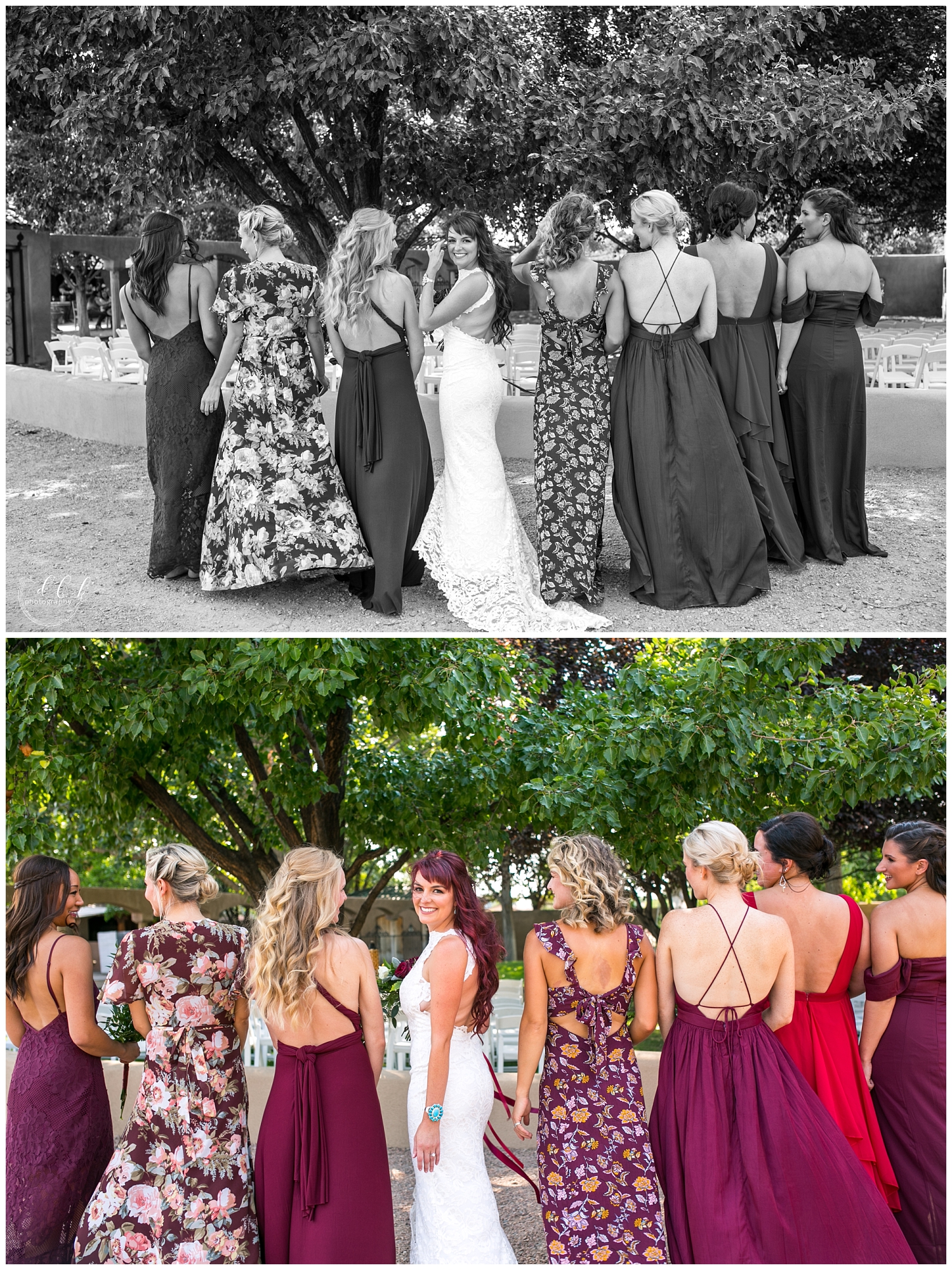 mismatched bridesmaid dresses at winery wedding in Albuquerque, New Mexico