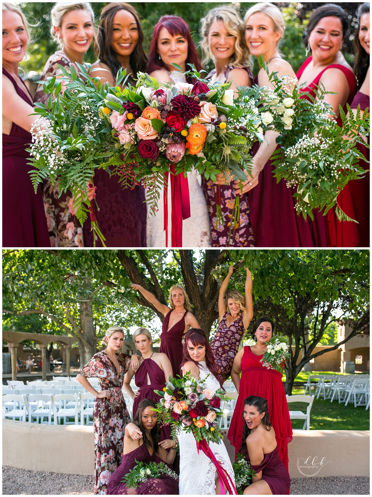 bridesmaids posing in red dresses with flowers at Casa Rondena wedding in Albuquerque