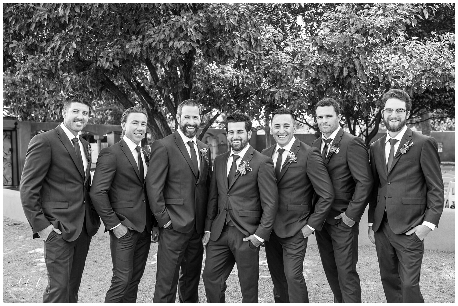classic black and white portrait of groomsmen at Casa Rondena Winery wedding