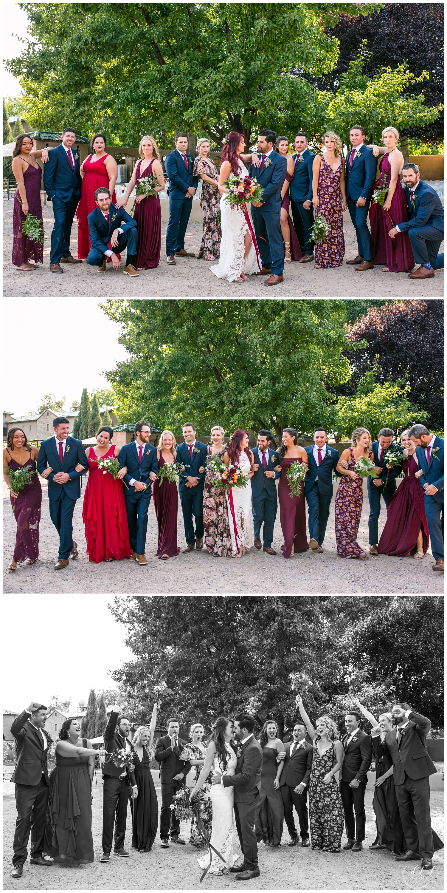 blue and maroon wedding party portraits at Casa Rondena Winery in Albuquerque, New Mexico