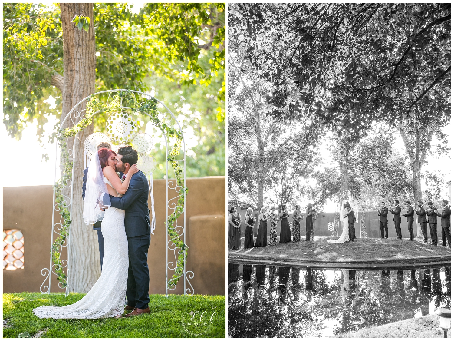 bride and groom's first kiss at summer wedding ceremony at Casa Rondena Winery