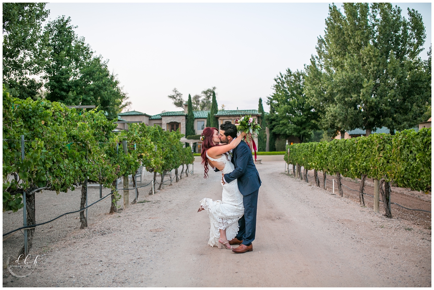 bride and groom kissing passionately in Casa Rondena Winery driveway in Albuquerque, New Mexico