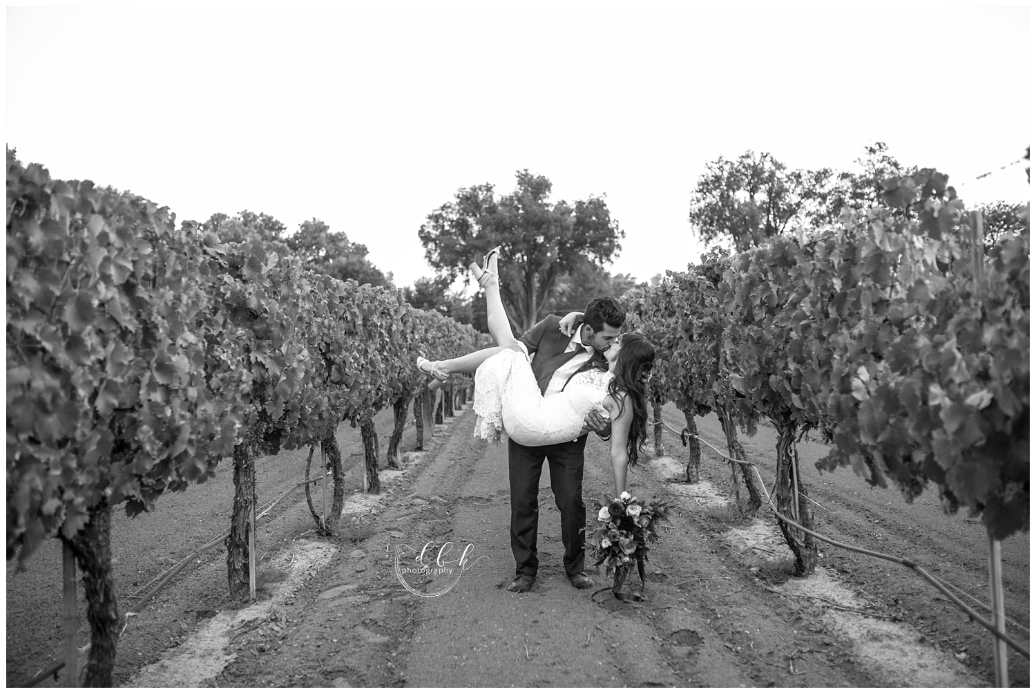 groom holding up his bride among the grape vines at Casa Rondena Winery wedding