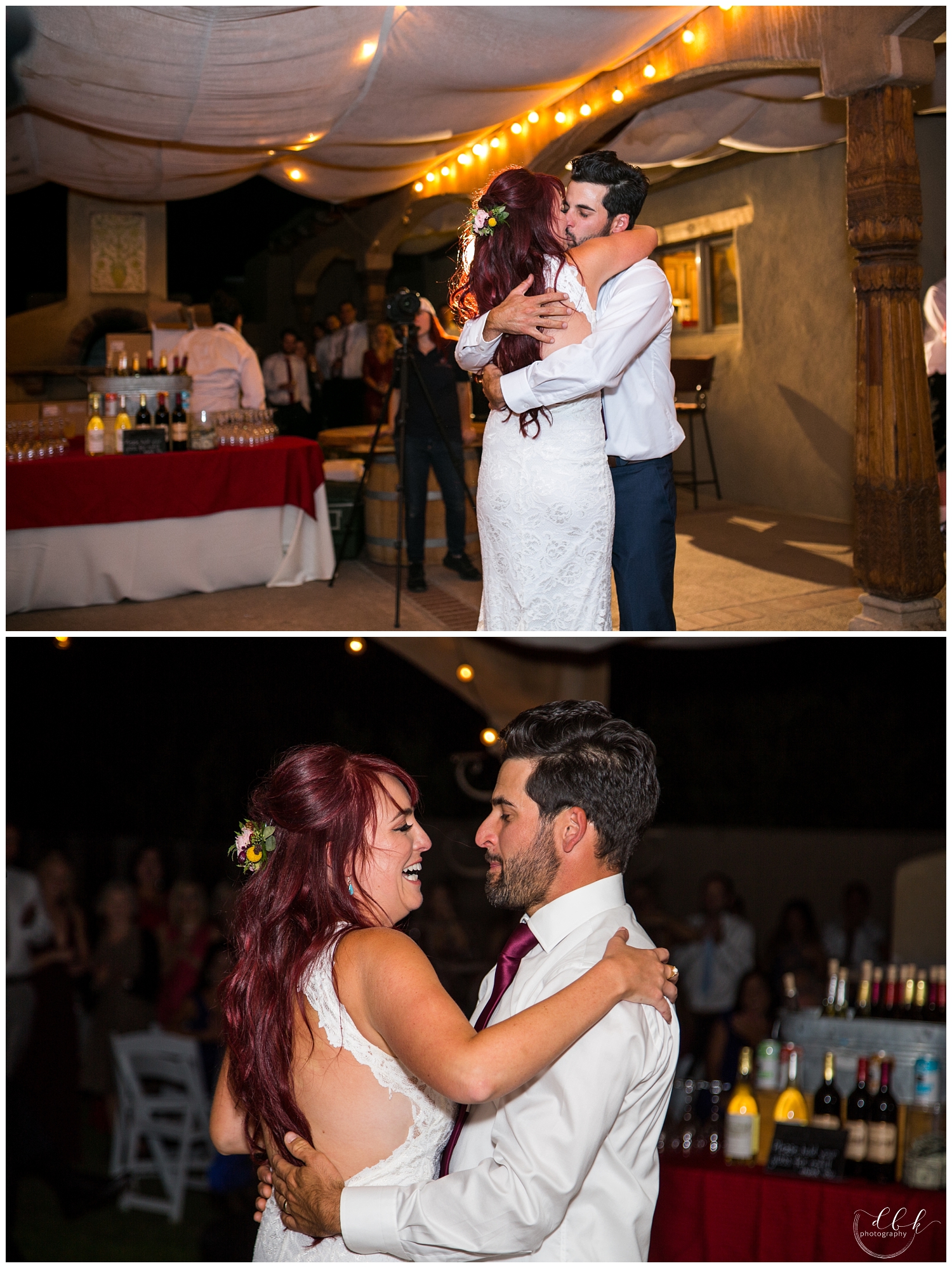 bride and groom's first dance on the patio at Albuquerque wedding at Casa Rondena WInery