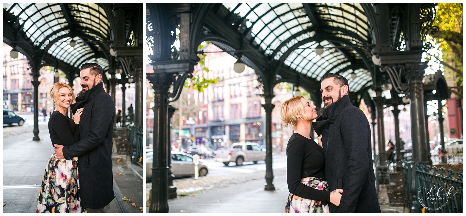 trendy couple at Seattle fall engagement portraits in Pioneer Square
