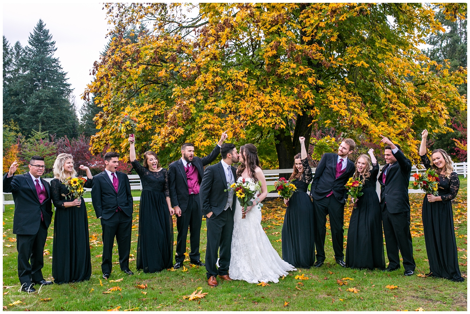 bridal party portraits under colorful tree at Filigree Farm fall wedding