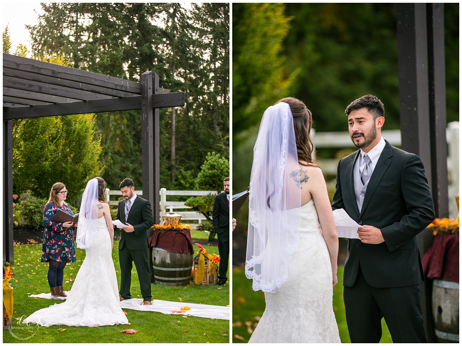bride and groom exchange vows at their fall wedding ceremony at Filigree Farm in Buckley, Washington