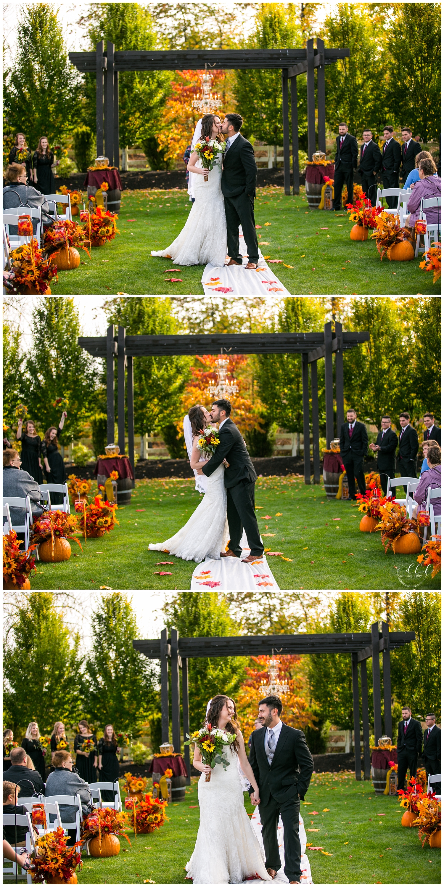 bride and groom exit down the aisle of their fall wedding ceremony at Filigree Farm in Buckley, Washington