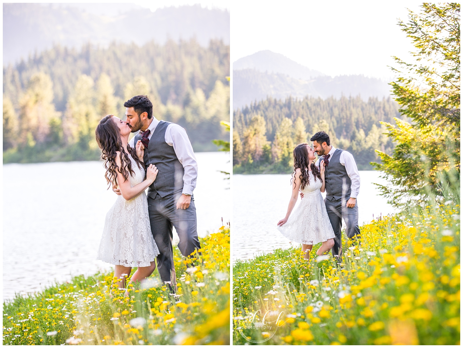 couple kissing in wildflower field overlooking the water at Gold Creek Pond