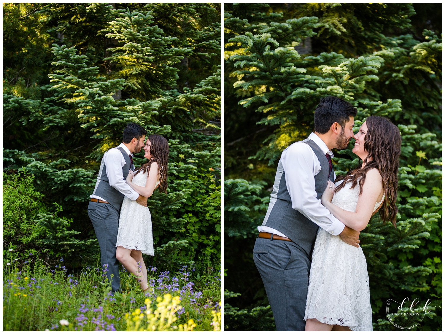 wedding couple kissing by the evergreen trees in Snoqualmie Forest at Gold Creek Pond