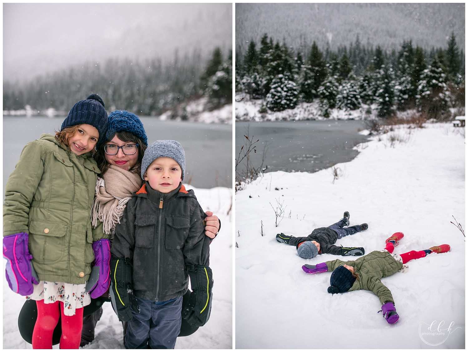 kids making snow angels and hugging their mom during family pictures at Gold Creek Pond, Washington
