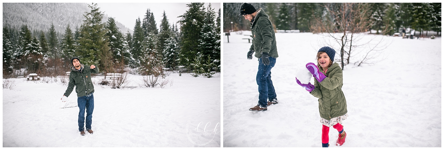 family snowball fight at Gold Creek Pond in Washington