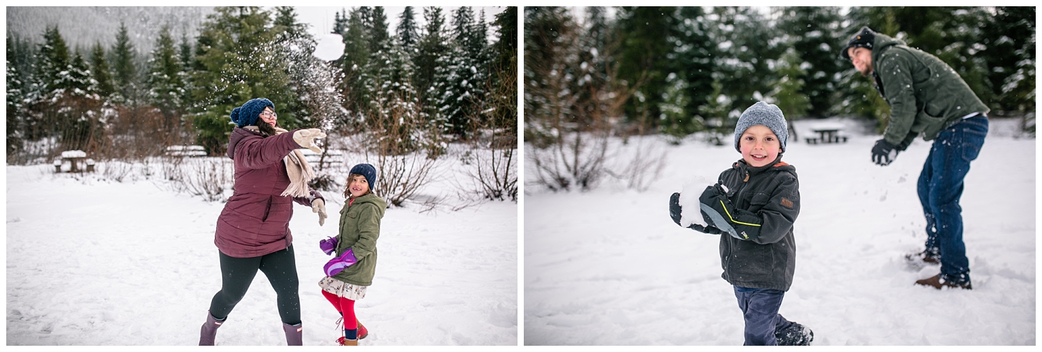 family snowball fight at Gold Creek Pond in Washington