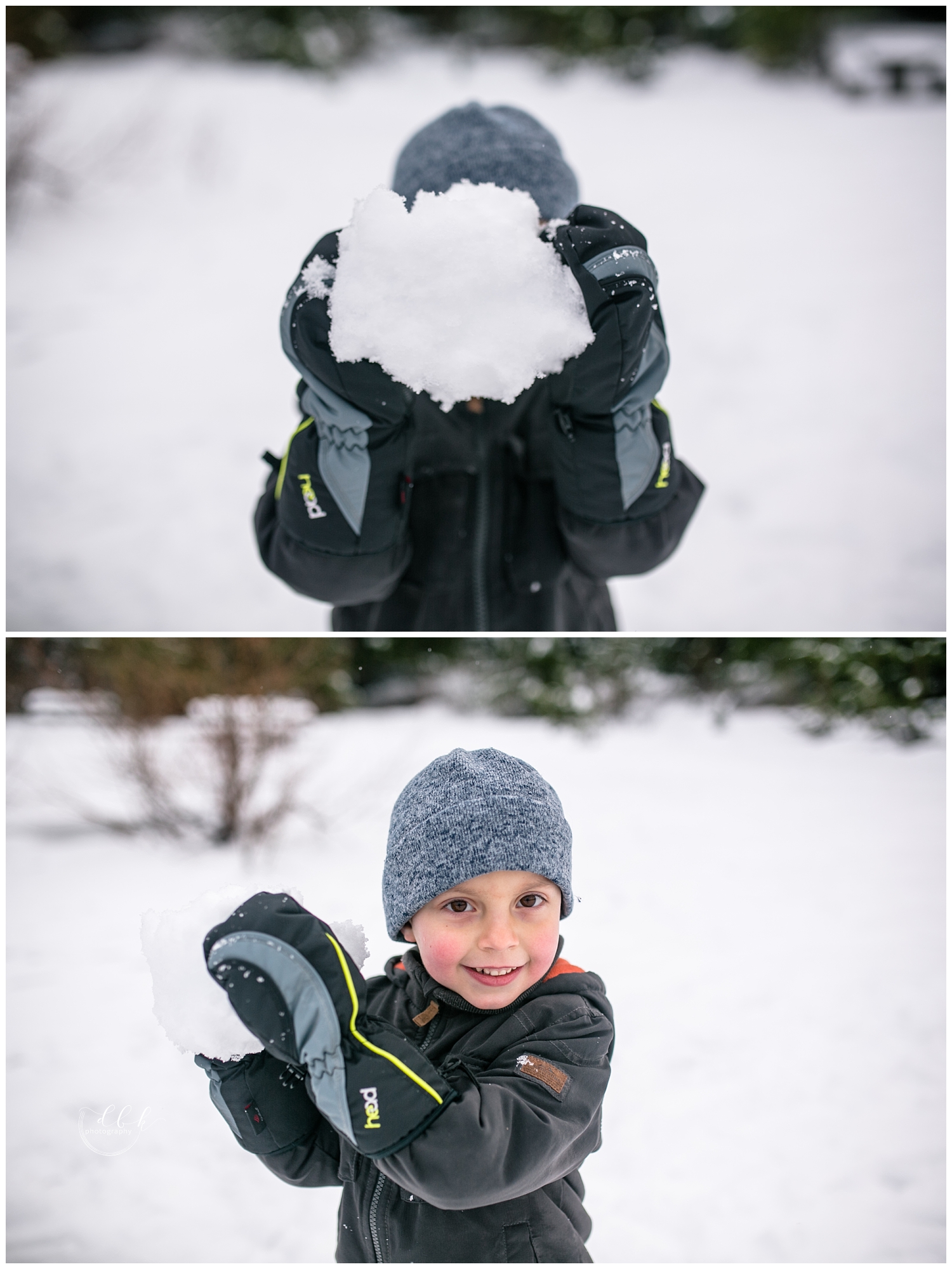 boy holding a giant snowball in front of his head at Gold Creek Pond in Washington