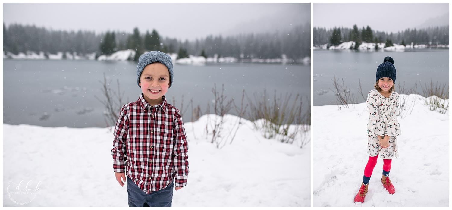 children's portraits in the snow at Gold Creek Pond, Washington