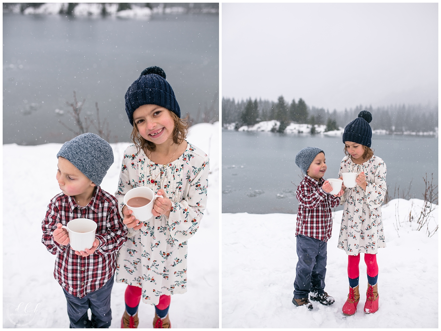 two kids sipping hot cocoa during winter family portraits at Gold Creek Pond, Washington