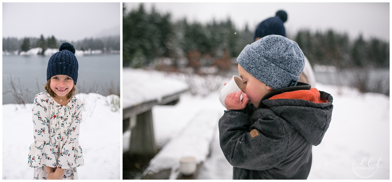 boy sipping hot cocoa in the snow at Gold Creek Pond, Washington