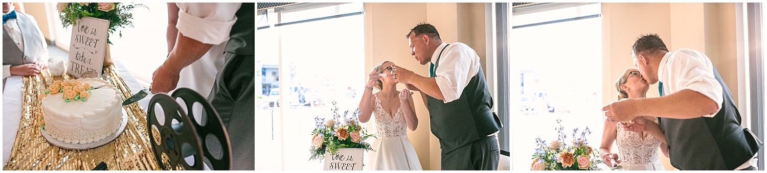 Bride and groom cut the cake at Edmonds Yacht Club wedding