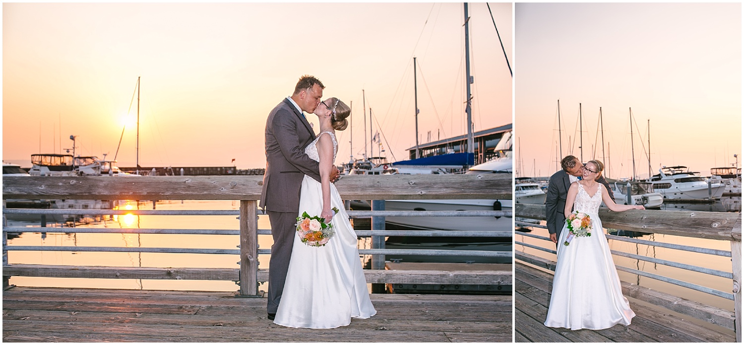 Bride and groom sunset portraits on the dock at Edmonds Yacht Club wedding